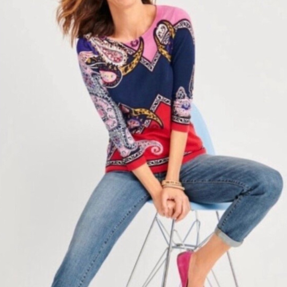 🩷NEW! Talbots Lightweight Pullover Paisley Crewneck Sweater Pink Blue Red Sz XS